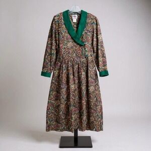 Vintage 80s Lanz Midi Dress 10 Green Paisley Academia Retro Prairie Cottagecore
